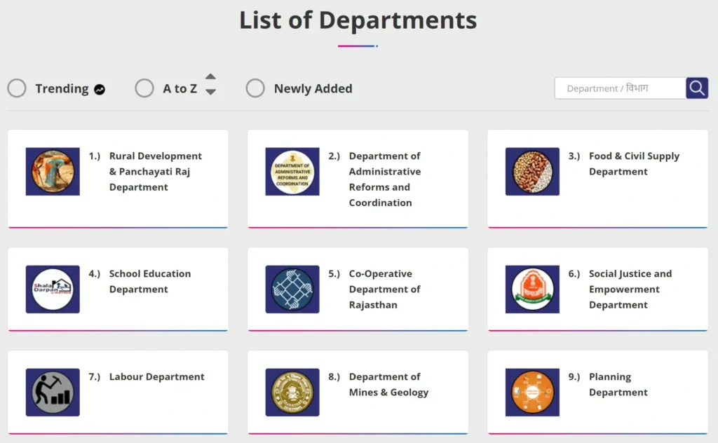 जन सूचना पोर्टल पर उपलब्ध विभागों की सूची